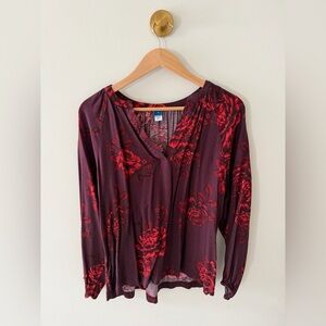 Old Navy Burgundy Blouse with Red Floral Print